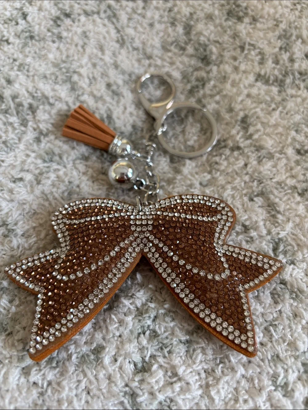 Western Rhinestone Bow Keychain with Tassel - Brown NWT 6”